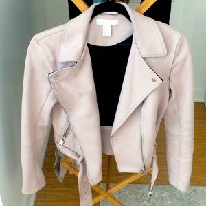 Pale pink vegan leather motorcycle jacket
